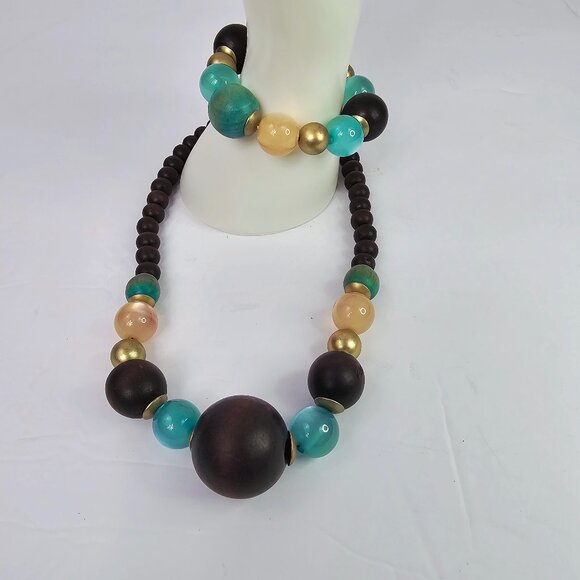 Boho Brown & Turquoise Chunky Beaded Fashion Necklace Set - Picture 1 of 8